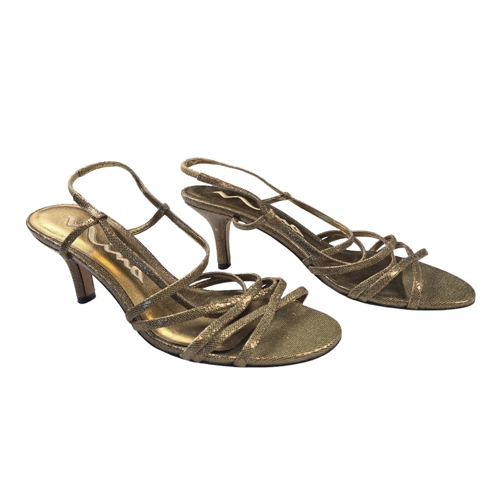 Nina 8.5M Gold Metallic Strappy Slingback Kitten Heel Sandals Leather Sole Hoco